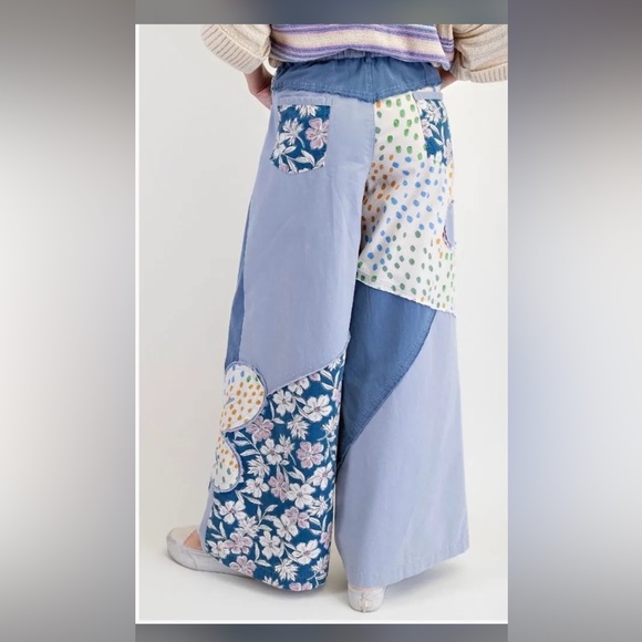 EASEL Wide-Leg Patchwork Flower Pants Denim Blue and Cream SZ Large - Picture 10 of 10